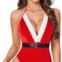 Avidlove Christmas Lingerie for Women Halter V Neck Sexy Santa Lingerie Outfits with Christmas Hat and Belt (Small, Red)