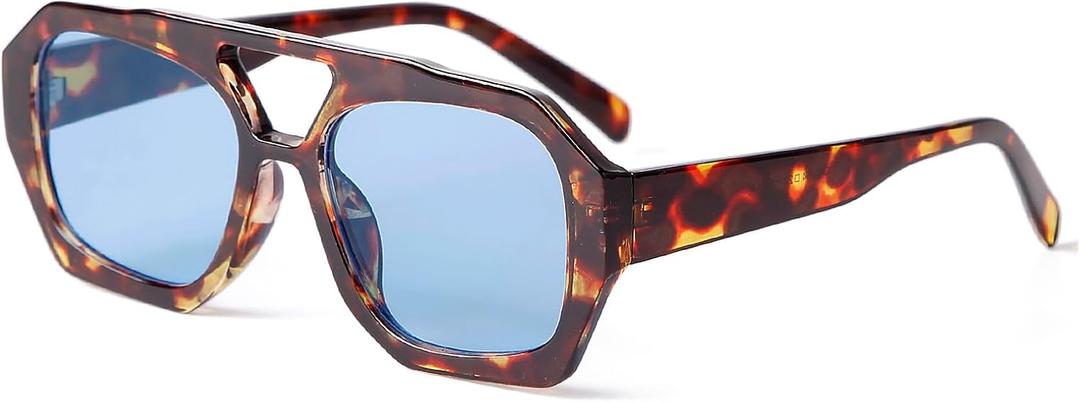 ADE WU Trendy Square Aviator Sunglasses for Women Thick Frame Double Bridge Geometric Sun Glasses (Tortoiseshell/Blue)