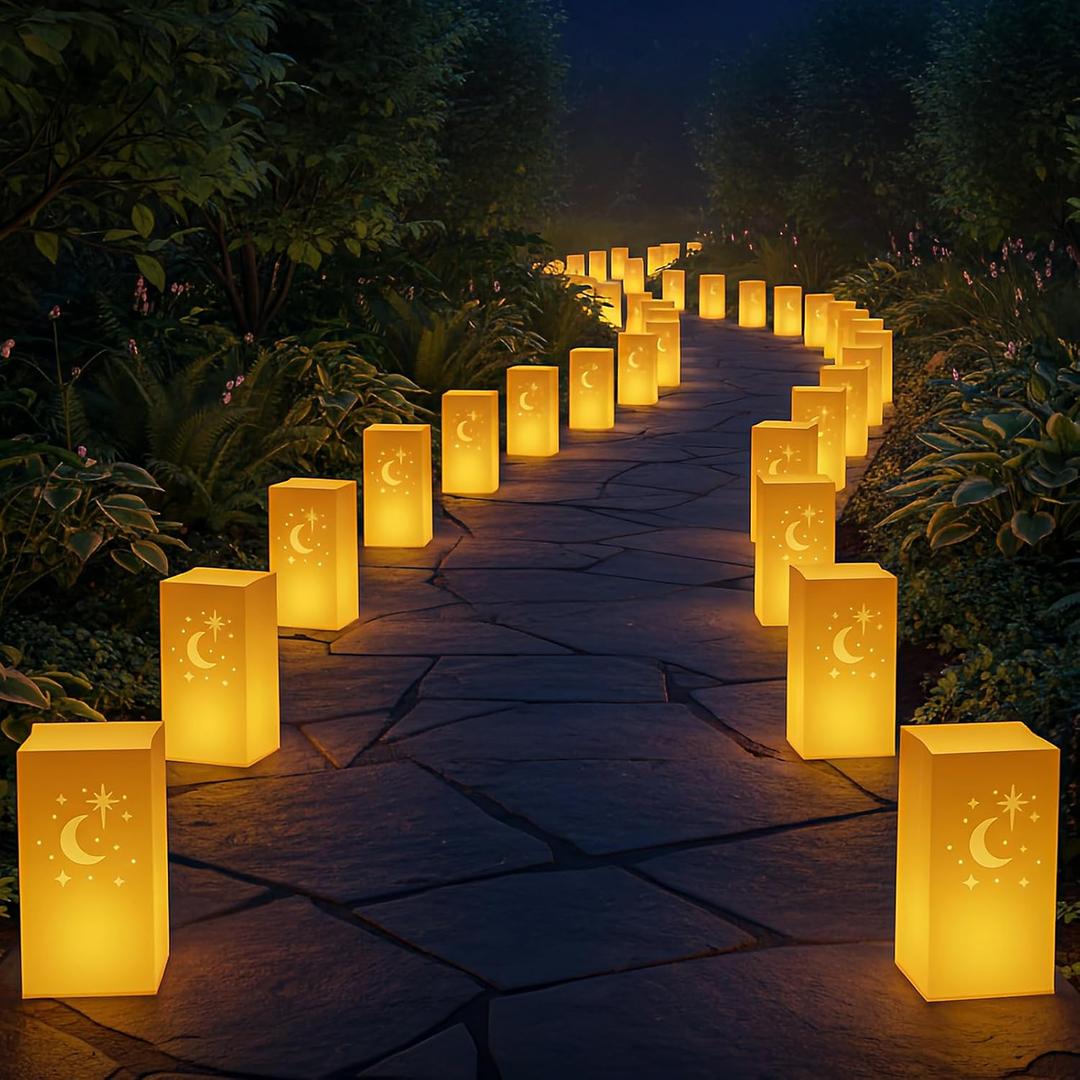 Zhengmy 20 Set Christmas Waterproof Luminary Bags Sets with Light String and Weighted Water Bags for Christmas, Thanksgiving, Halloween, Weddings, Valentine's Day Decoration (Stars and Moon)