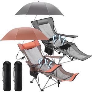 Yuntau 2 Set Reclining Beach Chair and Umbrella for Adults, Outdoor Camping Foldable Sand Chairs with Umbrella, SPF 50+, High Back, with Foot Rest, Cup Holder and Mesh Bag