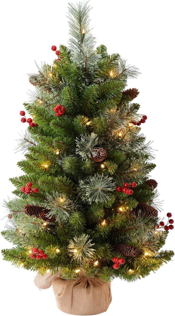 3ft Pre-Lit Artificial Christmas Tree with 70 LED Lights Mini Xmas Trees, Cement Burlap Base Basin, for Home Tabletop, Green