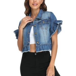 MISS MOLY Women's Denim Jacket Ruffle Sleeve Button Down Distressed Summer Cropped Jean Jackets, M