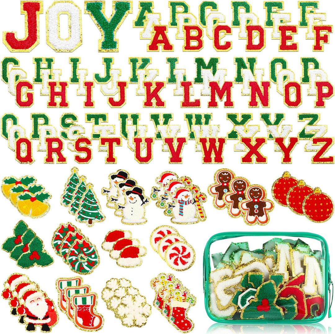 Yilloog 120 Pcs Christmas Iron on Patches Chenille Letter Patches Include 78 Letters Patch 42 Snowman Socks Santa Snowflake Patch DIY Craft for Clothing Jackets Xmas Gift (Green, Red, White)