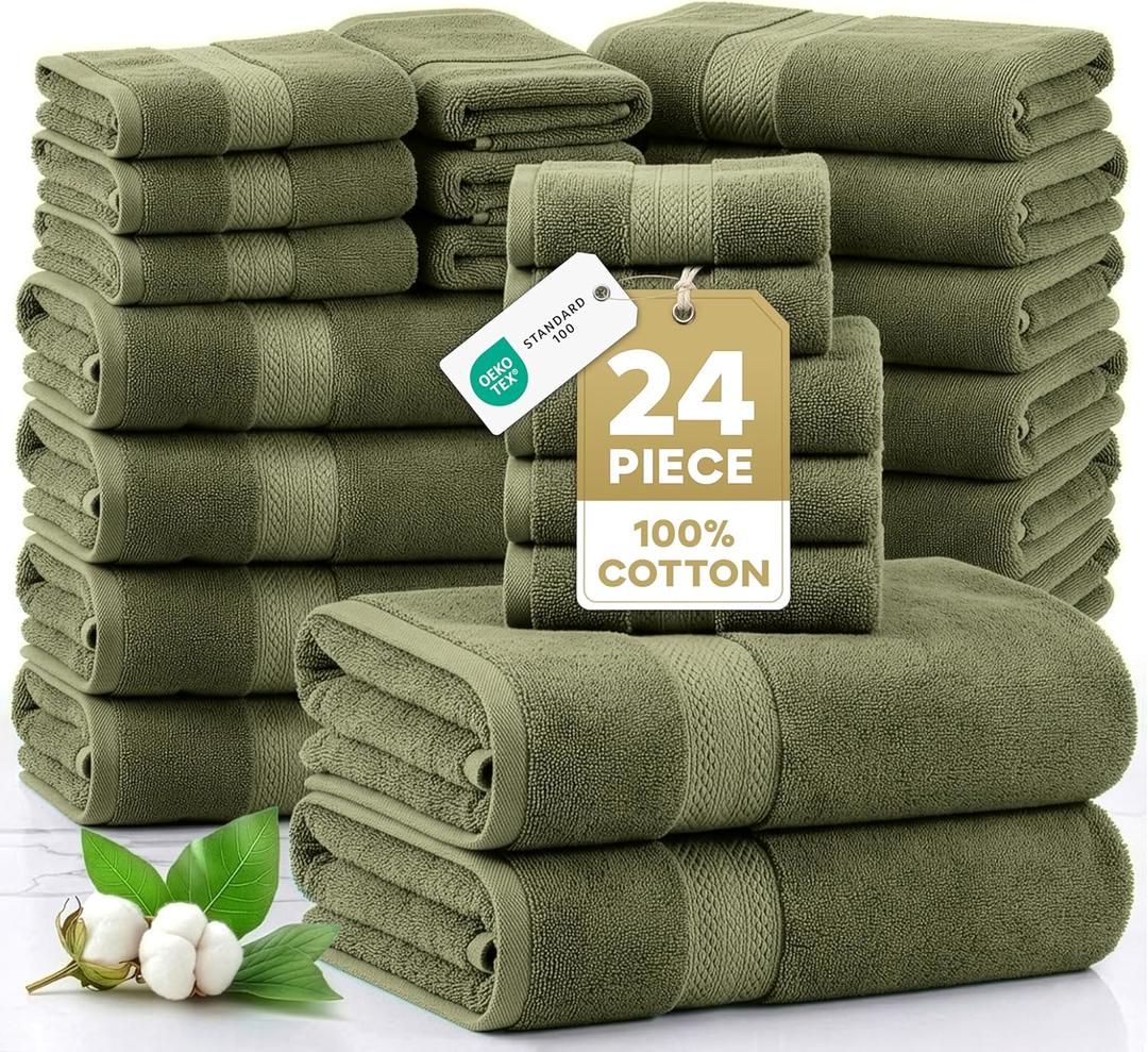LANE LINEN Cotton Towels for Bathroom - 24 PCs - Highly Absorbent, Durable & Soft - 4 Bath, 4 Fingertip, 6 Hand Towels, 8 Washcloths, 2 Bath Sheets - Family Bundle Pack - Oil Green