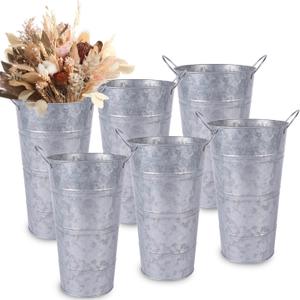 12 Inch Galvanized Metal Vases for Flowers - 5 Pcs Farmhouse Decorative Tall Flower Bucket with Handles, Rustic French Tin Planter Buckets for Wedding Decor (Silver)