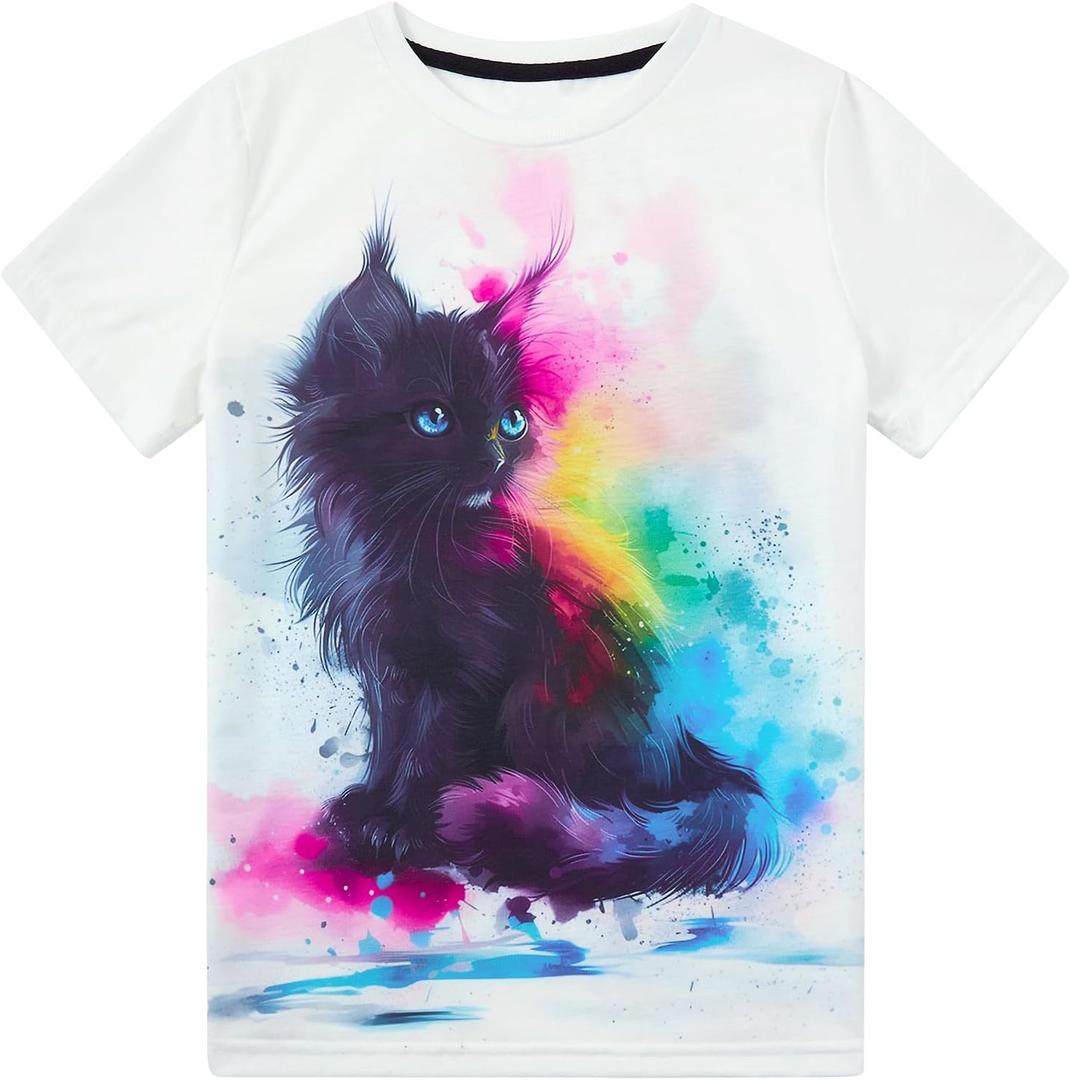 Girls Shirts Kids T Shirt Cat Print Tees Animal Graphic Clothes Short Sleeve  (8-9 Years, Cat Color Ink)