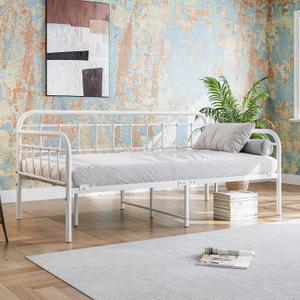 JURMERRY Metal Daybed Frame Twin Size with Steel Slats Platform Furniture, White, Twin without Trundle