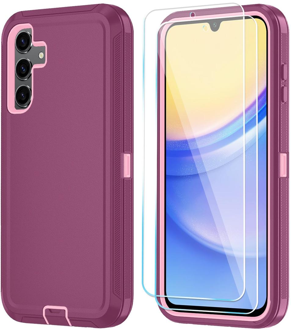 Qinmay Phone Case for Samsung Galaxy A35 5G Case with HD Screen Protector, Heavy Duty Shockproof & Dropproof 3-Layer Cover Phone Case for Galaxy A35 (WineRedPink)