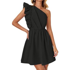 ZESICA Women's Summer One Shoulder Ruffle Dress Boho Sleeveless Elastic High Waist Swing Mini Dresses (X-Large, Dim)