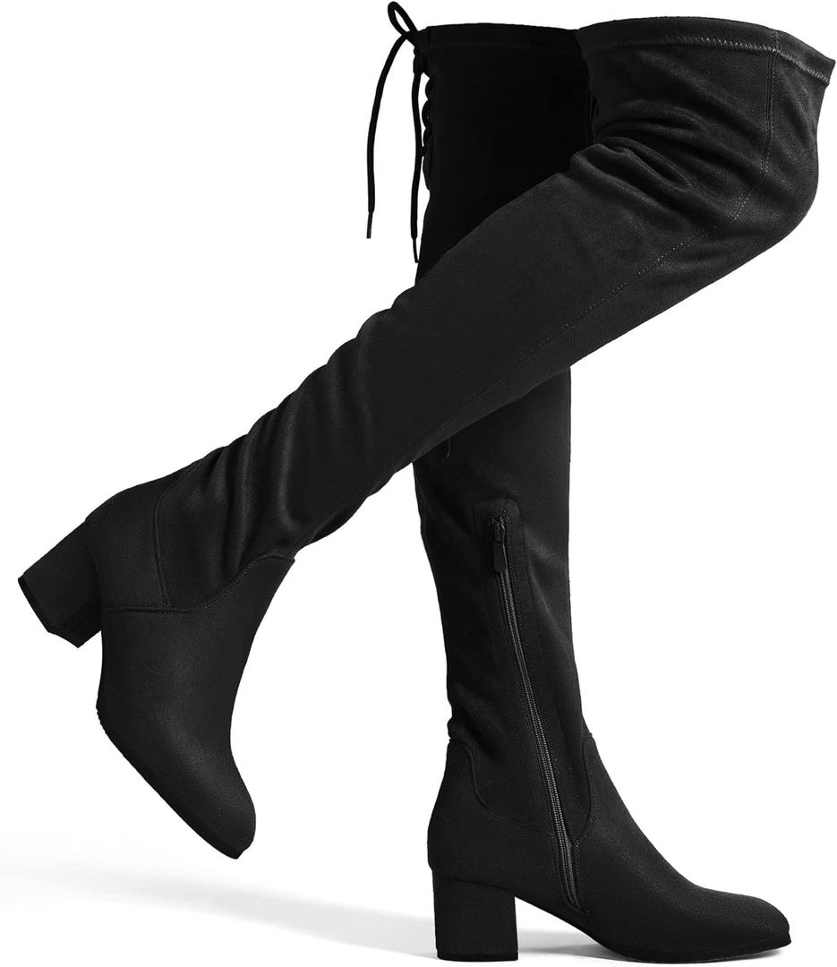 DREAM PAIRS Women's Laurence Over The Knee Thigh High Chunky Heel Boots Long Stretch Sexy Fall Boots (7, Black)