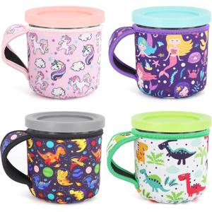 4Pack Reusable Ice Cream Sleeves with Handle, Neoprene Insulated Sleeves for Ninja Creami Pints, Talenti Ice Cream Pints, Frozen Desserts (Cartoon Print) (16oz)