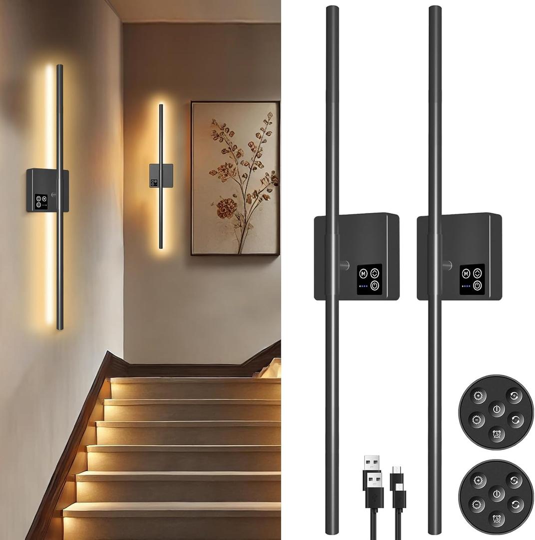 Xiourcre 35in Wireless Wall Sconces Set of Two, [Creates Sunset Glow Ambiance] Dimmable 2700K6000K with 8000mAh Battery & Display, Touch/Remote Control, Rechargeable Wall Lamps for Home Decor  Black