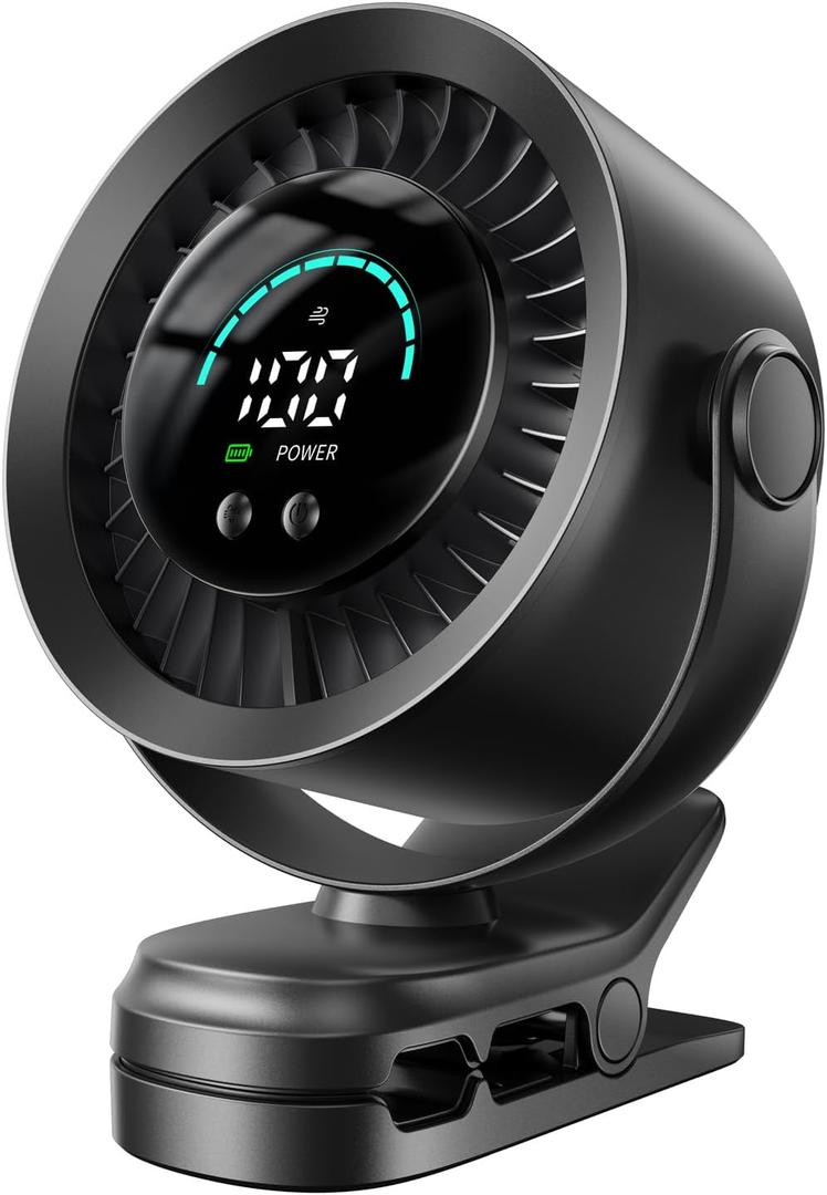 KIMMOO Portable Clip on Fan, 100-Speed Rechargeable USB Fan with LED Display, 360° Rotation & Strong Airflow Desk Fan, Up to 17 Hours Small Battery Fan for Outdoor Travel Camping Treadmill Car (Black)
