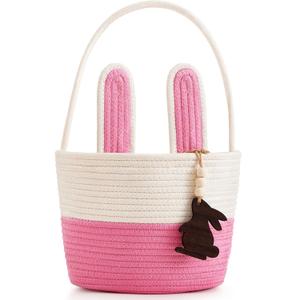 Pro Goleem Easter Basket for Kids, Adorable Woven Egg Hunt Bucket with Handle, Soft First Easter Gift Tote Bag, Nursery Toy Storage Bin with Tag(Pink)