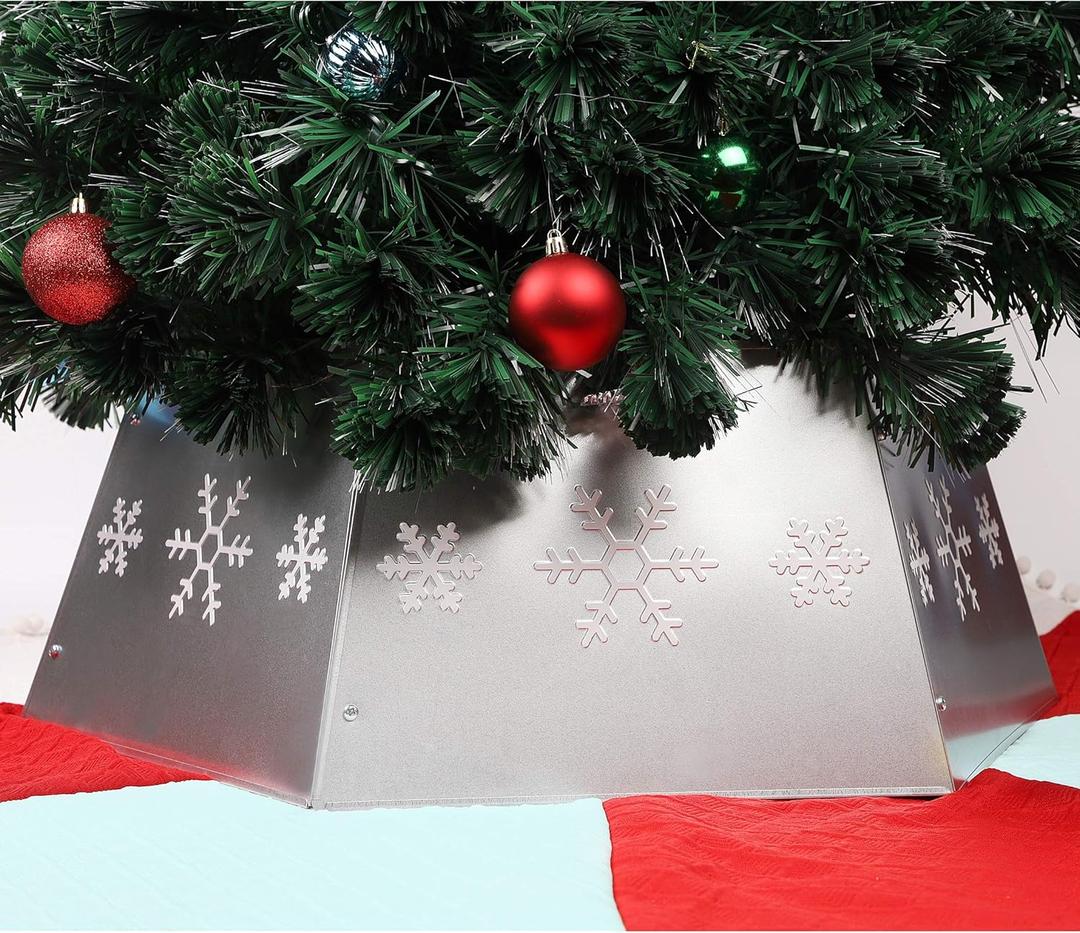 Blissun Metal Christmas Tree Ring, Christmas Tree Collar with Printed Snowflake, Willow Tree Skirt Base Stand for Christmas Tree Decorations (Silver)