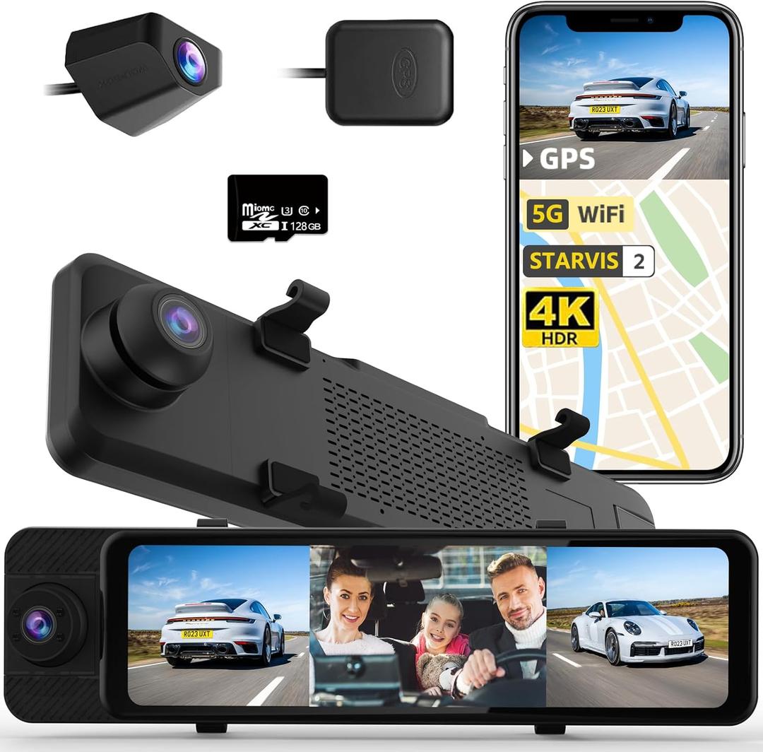 3 Channel Rear View Mirror Camera, 4K+1080P+1080P Front Inside and Rear Car Camera, 12" Touch Screen Backup Camera with 5GHz WiFi GPS, 24H Parking Mode, HDR Night Vision, G Sensor, Free 128G Card