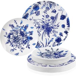 Kochorie 36 Pieces White & Blue Floral Disposable Plastic Plates, 10.25" and 7.5" Dinner and Dessert Plates Serving Dish Tray Heavy Duty Party Tableware Supplies for Weddings Birthdays
