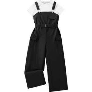 Hilinker Girl's Overalls 2 Piece Outfits Short Sleeve Top and Cargo Jumpsuit Set with Pockets White Black 11-12 Years
