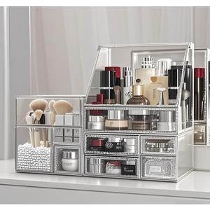 Glass Makeup Organizer for Vanity/Stackable 2Pieces Drawer Set/Antique Countertop Vanity Cosmetic Storage Box Mirror Glass Beauty Display, Holder for Brushes Lipsticks Skincare Toner (Silver)