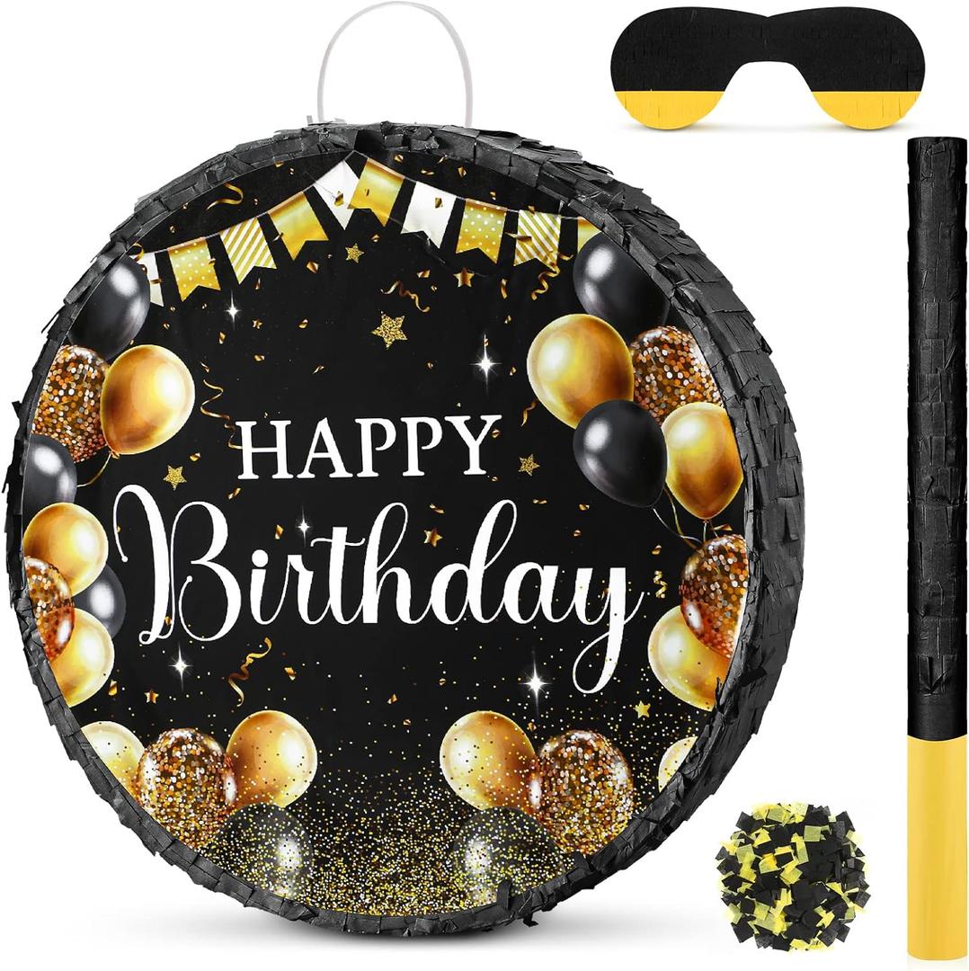 Sinmoe Birthday Piata with Stick Blindfold and Confetti Large Piata for Adult Men Women Birthday Party Supplies Decoration Wedding Anniversary(Black and Gold)
