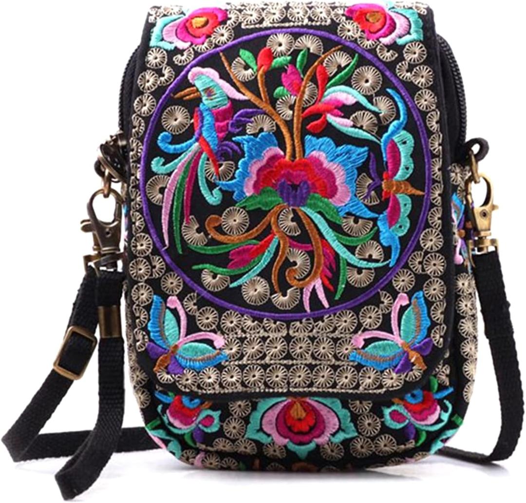 Embroidery Flowers Canvas Crossbody Bag, Women Messenger Bag, Cellphone Pouch Purse