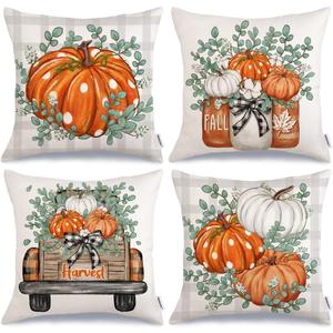 GEEORY Fall Pumpkins Throw Pillow Covers 16x16 Inch Set of 4, Eucalyptus Truck Mason Jars Autumn Decorative Seasonal Farmhouse Decoration for Home (Orange) G545-16