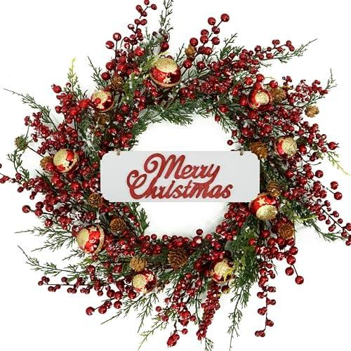 KORSMV 20 inch Christmas Wreaths for Front Door Winter Door Wreath with red Berry,Gold and red Christmas Ball for Front Door Indoor Outdoor Farmhouse Festival Home Decor