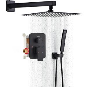 Shower Faucet Set, Matte Black Rainfall Shower System Complete Wall Mounted for Bathroom with 10 Inch Square Shower Head and Handheld Shower Head Rain Mixer Combo Set