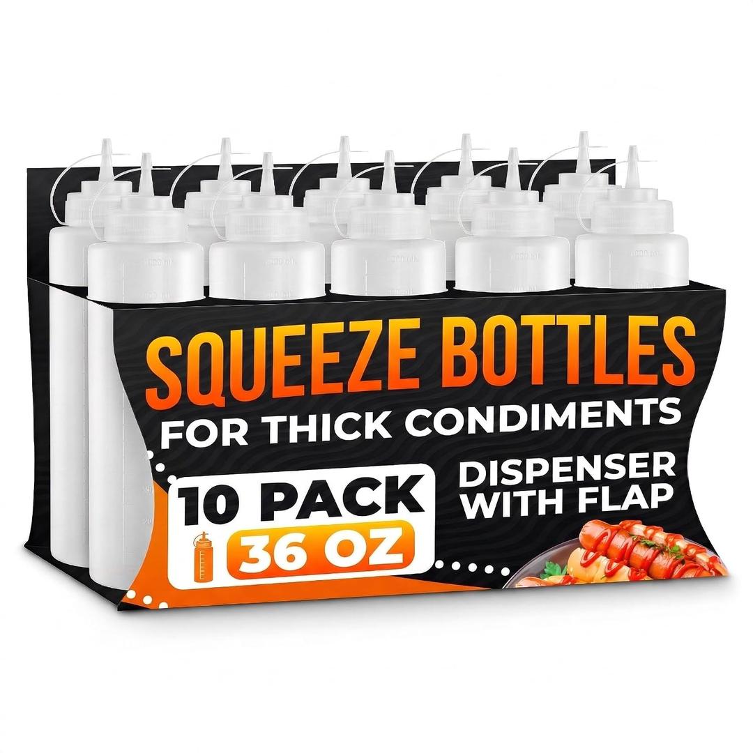 10-Pack Plastic Condiment Squeeze Bottles 36 oz – Refillable Squirt Bottles with Narrow Tip, Leak-Resistant | Great for Oil, Sauces, Ketchup, Mayonnaise, Syrup, Dressing, Summer BBQ and Catering Use