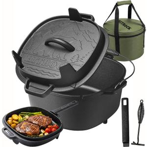 HITROCK Cast Iron Camp Dutch Oven with Legs 9QT, Pre-Seasoned Camping Dutch Oven with Lid, Outdoor Pot with Lid Lifter, Storage Bag & Handle for Camping, Baking, Grilling, Rounded-square Shape