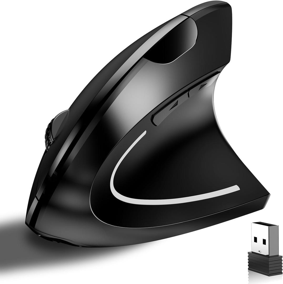 Ergonomic Vertical Wireless Mouse Stylish Rechargeable 2.4G Optical Mice Cordless Mouse with USB Receiver, 800/1200 /1600 DPI, 5 Buttons for Laptop,PC,Mac,Computer (Black)