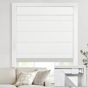UNISHADES no Drill Cordless Roman Shades for Windows, 31" W 64" H - 100% Blackout - Linen - Mist White