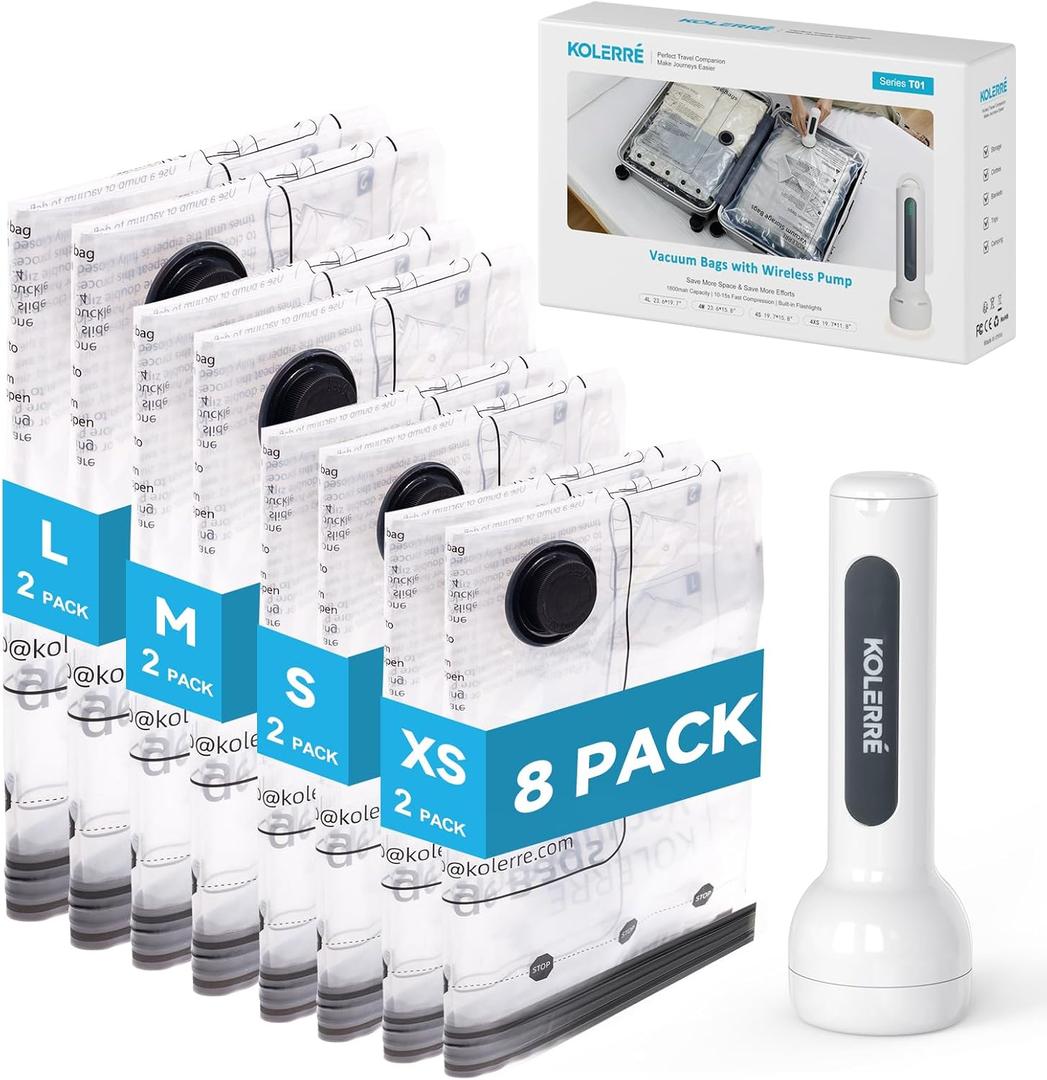 Travel Vacuum Bags with 2026 Lastest Wireless Pump, 8 Pack-4 Sizes Space Saver Vacuum Storage Bags for Luggage and Suitcase, Compression Bags for Packing, Vacuum Seal Bags for Clothing Travel