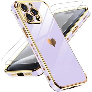 LeYi for iPhone 15 Pro Case: with Tempered Glass Screen Protector [2 Pcs]+ Full Camera Lens Protection,Love Heart Plating Girly Cute Luxury Soft TPU Shockproof Case for iPhone 15 Pro,Purple, Pack 5