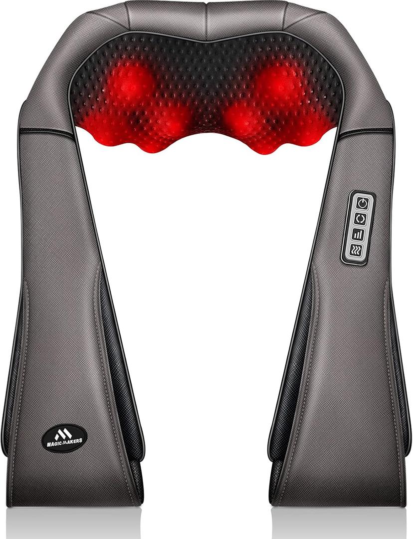 MagicMakers Neck Massager with Heat Gifts for Women, Men, Dad, Mom, Family, Friend, Mothers Day, Fathers Day, Christmas, Shiatsu Kneading Back Massager for Shoulder, Pain Relief, Muscle Soreness (Gray)