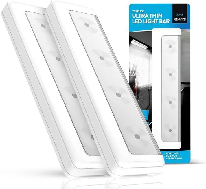 Brilliant Evolution Pack of 2 Wireless LED Stick on Lights Battery Operated Under Cabinet Lighting - 65 Lumens Push Light for Kitchen, Closet, and Countertops