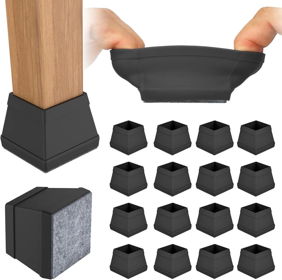 16 PCS Square Chair Leg Floor Protector, Silicone Chair Leg Cover, Furniture Leg Protectors with Felt, Mobile Table Leg pad, Protect The Floor from Scratches.1 1/2 in Black.