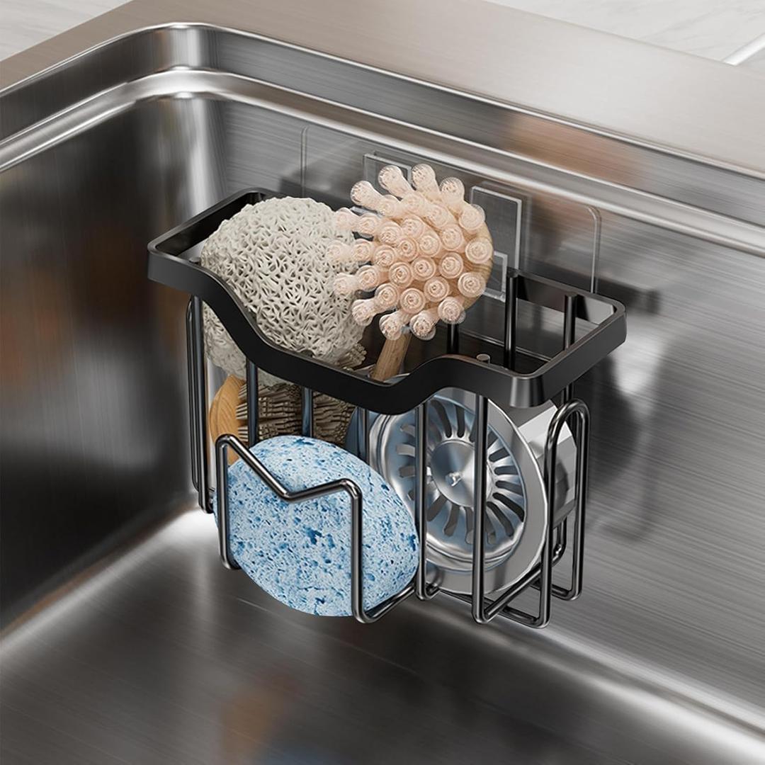 Sink Caddy Organizer, Black Metal Sponge Holder with Drainage Design, Kitchen Sink Storage Rack, Self-Adhesive Mount, 15x8x9.5cm