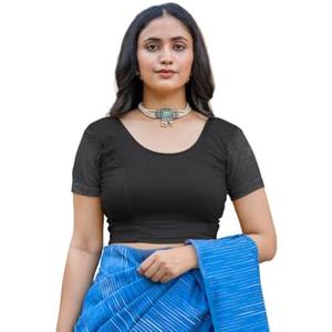 Women's Stretchy Cotton Lycra Readymade Short Sleeves Saree Blouse Large, Black
