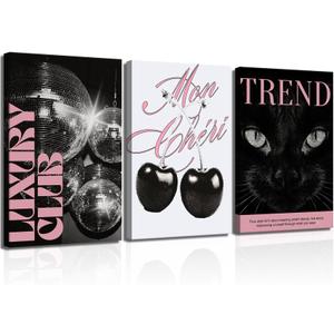 3Pcs Trendy Pink Preppy Canvas Wall Art Fashion Cat Disco Ball Cherry Posters Prints Funky Y2k Wall Decor Pictures for Girly Bedroom Apartment Dorm Decorations Ready To Hang