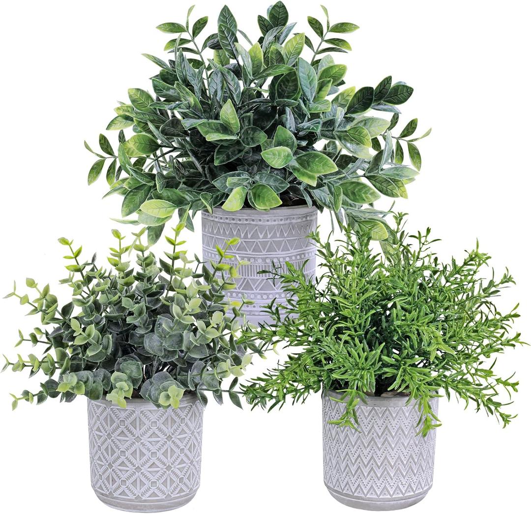Set of 3 Assorted Small Potted Plants Fake Eucalyptus and Rosemary Plants in Gray Geometric Concrete Ceramic Pots for Gifts Home Kitchen Office Shelf Table Desk Modern Indoor Outdoor Greenery Decor
