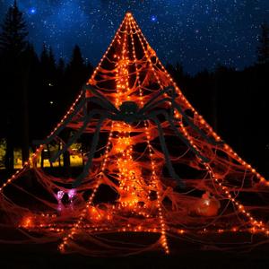 Halloween Spider Web Lights Decoration 250 LED Light up Spider Webs Halloween Decorations Outdoor with 59" Large Spider & 3.53 oz Stretch Cobweb 16.4 Ft Giant Web with 8 Modes (Orange)