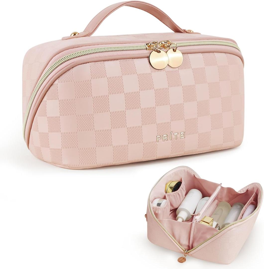 Prite Makeup Bag for Women Travel Waterproof Vegan Leather Cosmetic Bag Open Flat Toiletry Bag With Clear Divider and Handle (Plaid Pink, Medium)