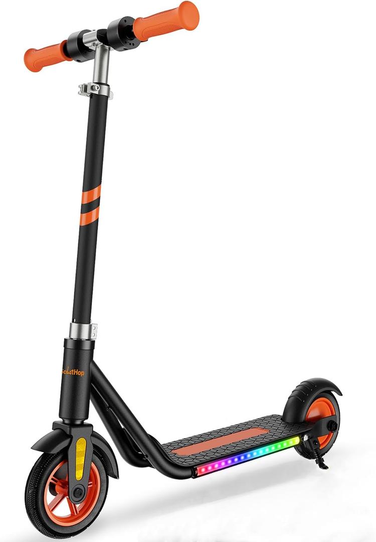 Scoothop Electric Scooter for Kids Ages 6+, 150w Hub Motor, Up to 10 mph, 60 mins Ride Time, Led Display, Colorful Lights, 4 Height Adjustable, Best Gift Ideas for Boys and Girls, Black