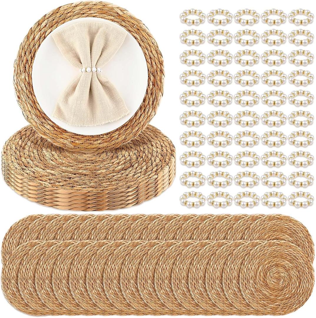30 Pcs Cattail Round Woven Placemats Set, Cattail Placemats with Pearl Napkin Rings Boho Farmhouse Rustic Woven Chargers Natural Mat Bulk for Wedding Party, Dinner Table (13 Inch)