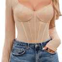 Avidlove Women Long Sleeve Bodysuit Sparkle Body Suits Top Mesh One Piece Leotard Shirt Going Out Tops Fall Outfits (X-Large, Nude)