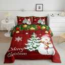 Christmas Duvet Cover Set Queen Size, Cute Snowman Tree Print Comforter Cover with 2 Pillowcases, New Year Theme Rustic Style Xmas Bedding Set 3pcs for Kids Boys Girls Bedroom Decor, No Comforter