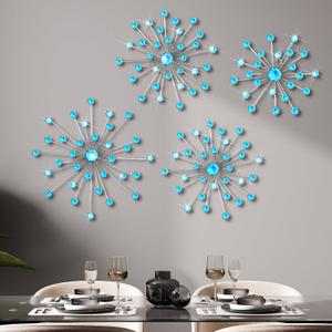 Funnymoom 4 Pcs Starburst Wall Decor Bling Crystal Wall Art Rhinestones Sunburst Home Decorative Bling Hanging Diamond Accents Metal Gold Decor Art for Living Room Bedroom Entryway Office(Blue)