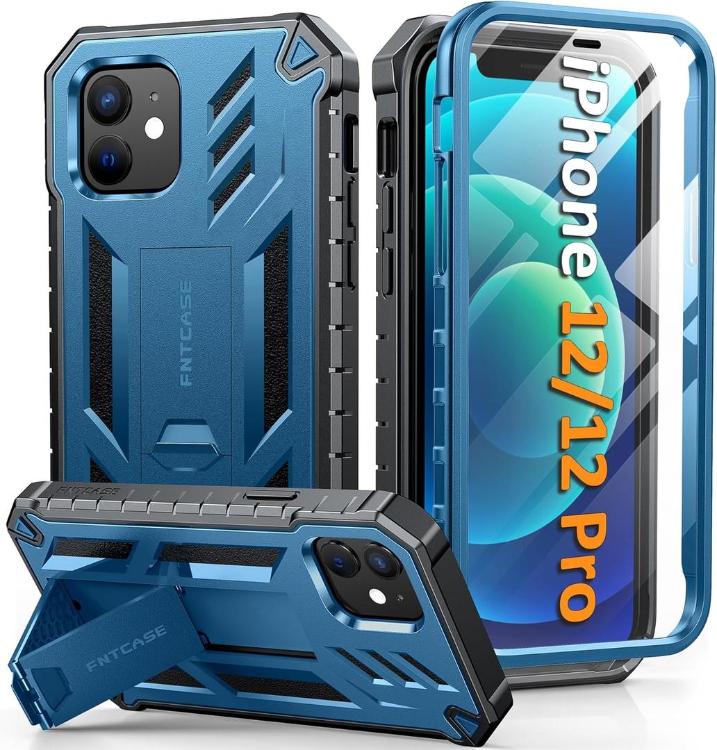 FNTCASE for iPhone 12 Phone Case: for iPhone 12 Pro Phone Case Military Grade Drop Proof Rugged Protective Cover with Kickstand | Matte Textured Shockproof TPU Hybrid Bumper Cases 6.1 inch - Blue