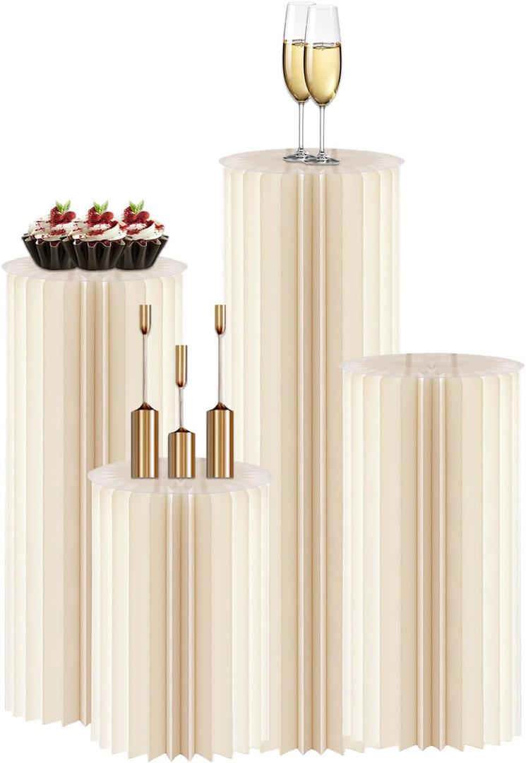 4Pack Cylinder Stands for Party, Foldable Cardboard Columns with 4 Clear Round Top Plates, Cake Display Pedestal Stand for Wedding Banquet Vendor Events Decorative (Beige)